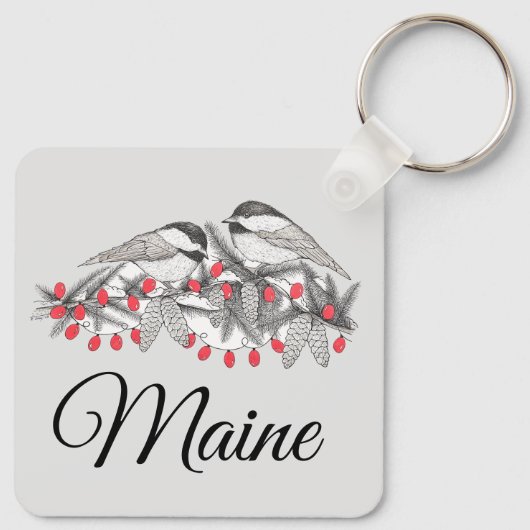 Maine Chickadee Bird Winter Weihnachtsschnee Schlüsselanhänger (Rückseite)