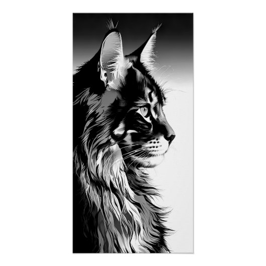 Maine Coon Art Print: Black & White Cat Portrait Poster (Vorderseite)