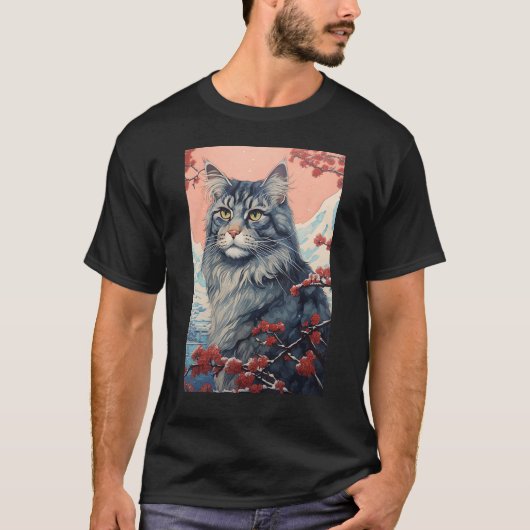 Maine Coon Cat Aesthetic Japanese Ukiyo e Art T-Shirt (Vorderseite)