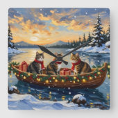 Maine Coon Cat Christmas Boat Holiday Quadratische Wanduhr (Vorderseite)