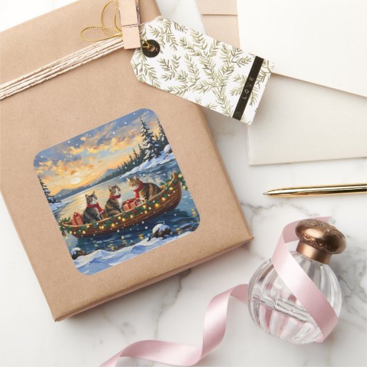 Maine Coon Cat Christmas Boat Holiday Quadratischer Aufkleber (Schenken)