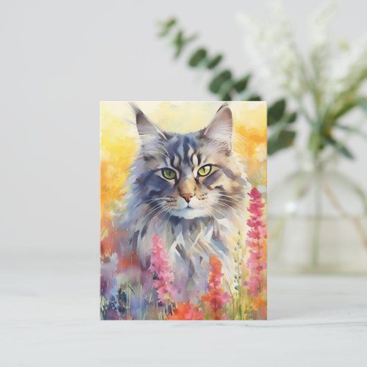 Maine Coon Cat farbige Aquarellbilder Postkarte (Stehend Vorderseite)