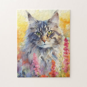Maine Coon Cat farbige Aquarellbilder Puzzle