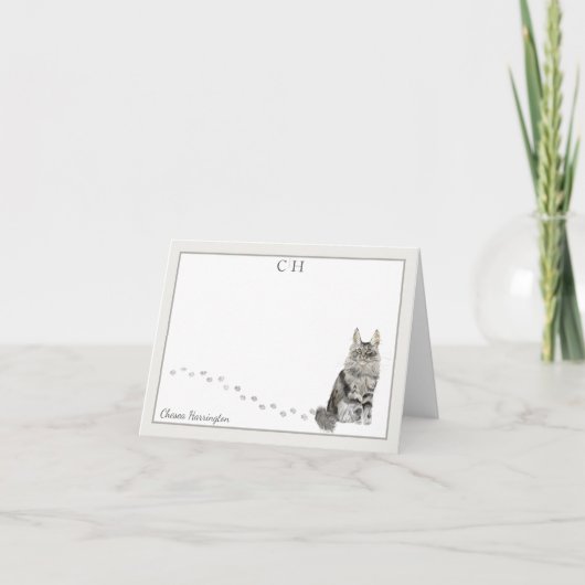Maine Coon Cat Gray Border Monogram Name gefaltet Dankeskarte (Vorderseite)