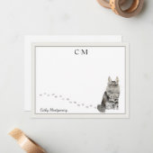 Maine Coon Cat Gray Border Monogram Name Note Card Mitteilungskarte (Vorderseite/Rückseite Beispiel)