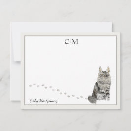Maine Coon Cat Gray Border Monogram Name Note Card Mitteilungskarte