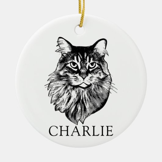 Maine Coon Cat Hand Zeichnend Personalisiert Keramik Ornament (Vorne)