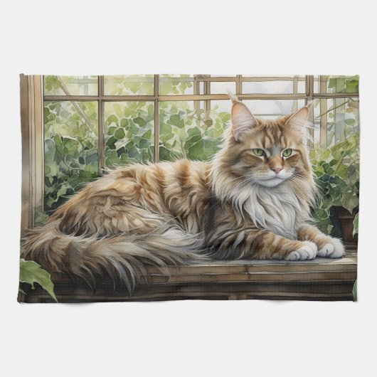 Maine Coon Cat im gemütlichen Innengarten Geschirrtuch (Horizontal)
