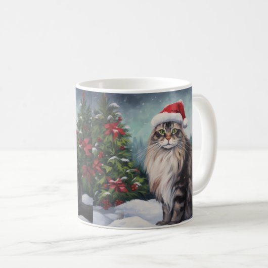 Maine Coon Cat in Schnee Weihnachten Kaffeetasse (VorderseiteRechts)