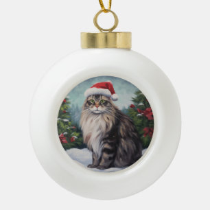 Maine Coon Cat in Schnee Weihnachten Keramik Kugel-Ornament