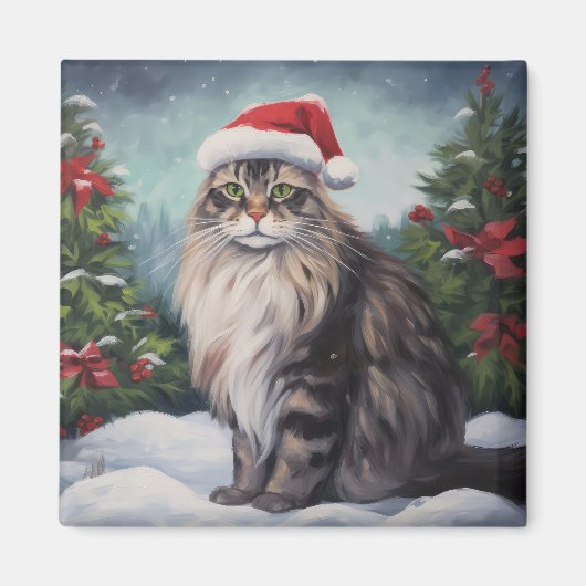 Maine Coon Cat in Schnee Weihnachten Magnet (Vorne)