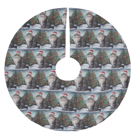 Maine Coon Cat in Schnee Weihnachten Polyester Weihnachtsbaumdecke (Vorderseite)