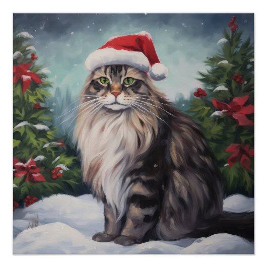 Maine Coon Cat in Schnee Weihnachten Poster (Vorderseite)