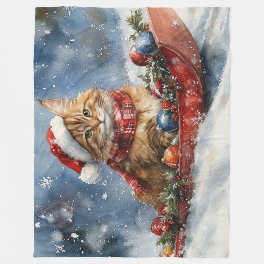 Maine Coon Cat in Sledge Let it Schnee Weihnachten Fleecedecke (Vorderseite)