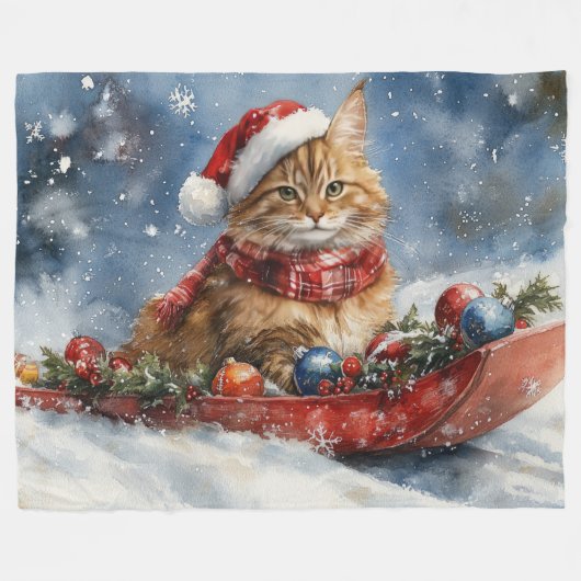 Maine Coon Cat in Sledge Let it Schnee Weihnachten Fleecedecke (Vorderseite (Horizontal))