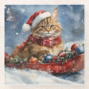 Maine Coon Cat in Sledge Let it Schnee Weihnachten Glasuntersetzer