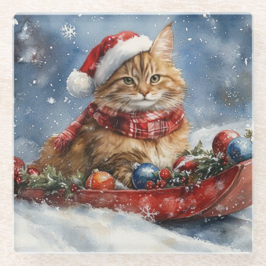Maine Coon Cat in Sledge Let it Schnee Weihnachten Glasuntersetzer (Vorderseite)