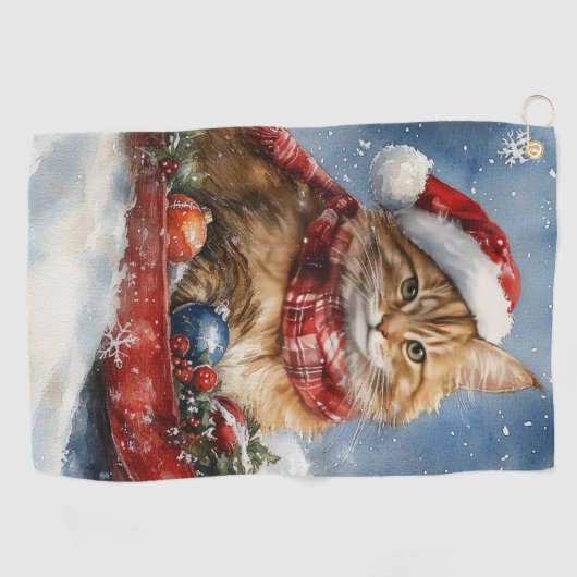Maine Coon Cat in Sledge Let it Schnee Weihnachten Golfhandtuch (Horizontal)