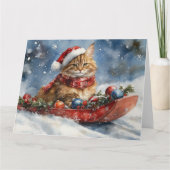 Maine Coon Cat in Sledge Let it Schnee Weihnachten Karte (Vorderseite)