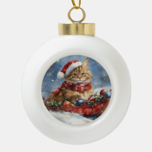 Maine Coon Cat in Sledge Let it Schnee Weihnachten Keramik Kugel-Ornament