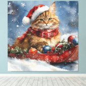 Maine Coon Cat in Sledge Let it Schnee Weihnachten Leinwanddruck (Insitu (Holzboden))