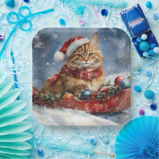 Maine Coon Cat in Sledge Let it Schnee Weihnachten Pappteller (Party)