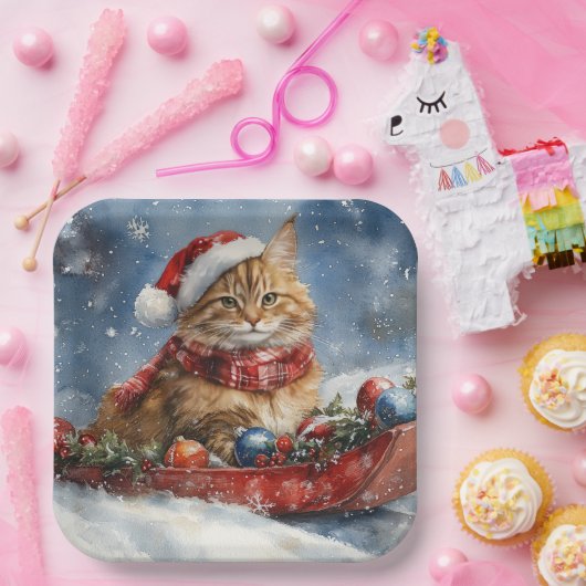 Maine Coon Cat in Sledge Let it Schnee Weihnachten Pappteller (Party)