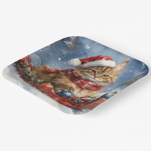 Maine Coon Cat in Sledge Let it Schnee Weihnachten Pappteller (Gewinkelt)