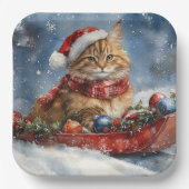 Maine Coon Cat in Sledge Let it Schnee Weihnachten Pappteller (Vorderseite)