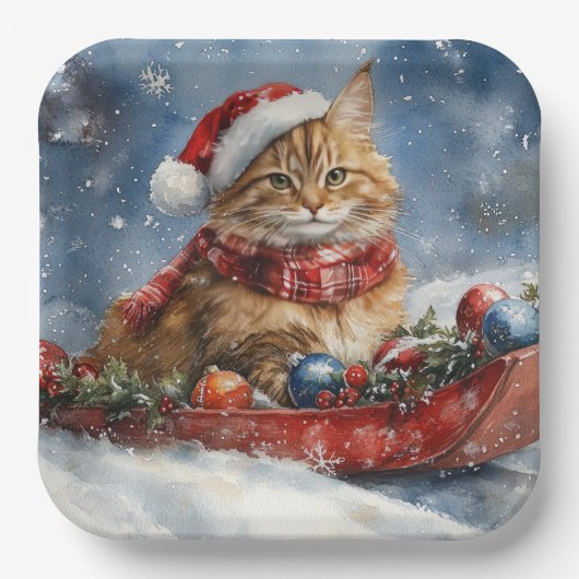 Maine Coon Cat in Sledge Let it Schnee Weihnachten Pappteller (Vorderseite)