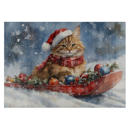 Maine Coon Cat in Sledge Let it Schnee Weihnachten Schneidebrett (Vorderseite)