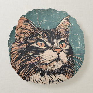 Maine Coon Cat Lino Print Rundes Kissen