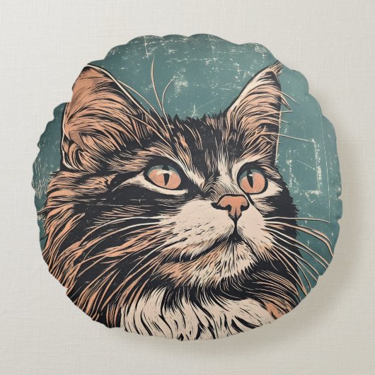Maine Coon Cat Lino Print Rundes Kissen (Vorderseite)