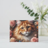 Maine Coon Cat mit rosa Blume Postkarte (Stehend Vorderseite)