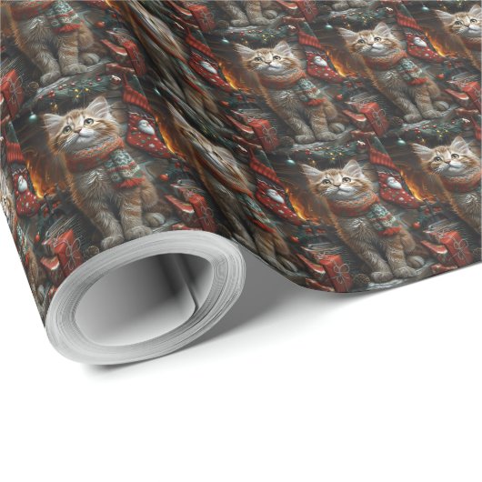 Maine Coon Cat mit Weihnachtsgeschenken Kamin Geschenkpapier (Rolleneckpunkt)