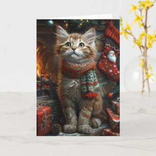 Maine Coon Cat mit Weihnachtsgeschenken Kamin Karte