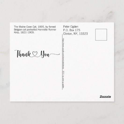 Maine Coon Cat Portrait Art Dankeschön Script Herz Postkarte (Rückseite)