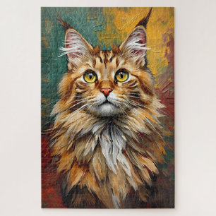 Maine Coon Cat Portrait Vibrant Oil Painting Puzzle