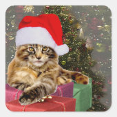 Maine Coon Cat Santa & Gifts Weihnachtsbaum Hinter Quadratischer Aufkleber (Vorderseite)