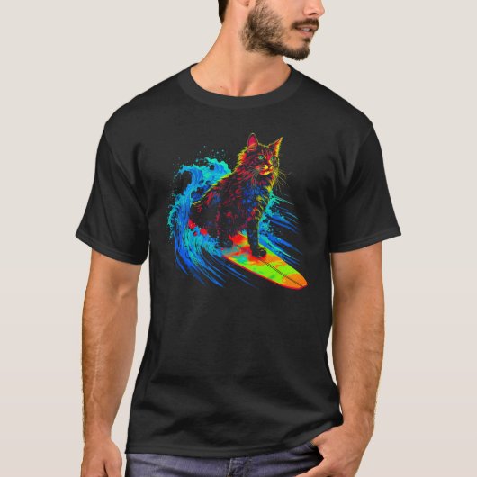 Maine Coon Cat Surfing T-Shirt (Vorderseite)