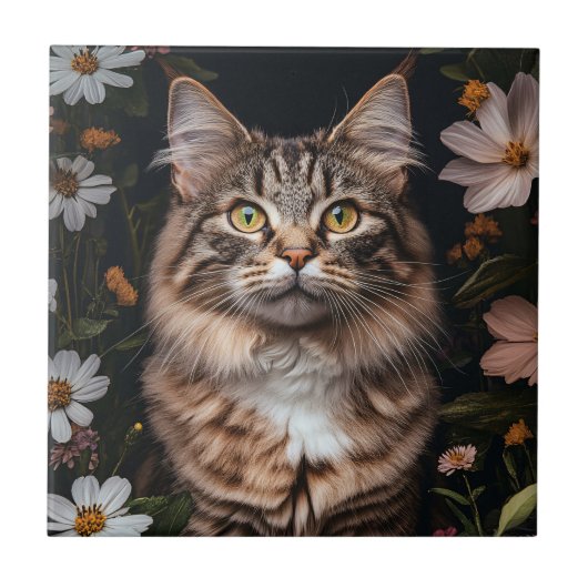 Maine Coon Cat Umgeben von Blume Fliese (Vorderseite)