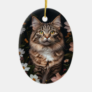 Maine Coon Cat Umgeben von Blume Keramik Ornament