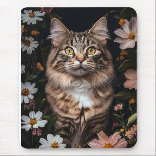 Maine Coon Cat Umgeben von Blume Mousepad
