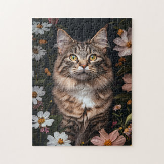 Maine Coon Cat Umgeben von Blume Puzzle