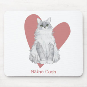 Maine Coon Cat Watercolor Kitty Pink Herz Mousepad