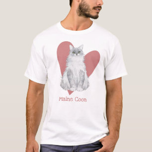 Maine Coon Cat Watercolor Kitty Pink Herz T-Shirt