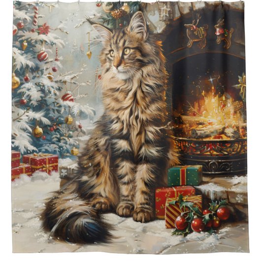 Maine Coon Cat Weihnachten Vintag Duschvorhang (Vorderseite)
