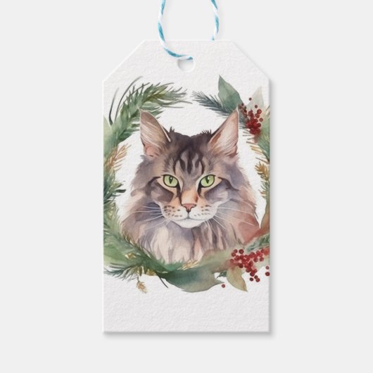 Maine Coon Cat Weihnachtsschreath Festive Kitten Geschenkanhänger (Vorderseite)
