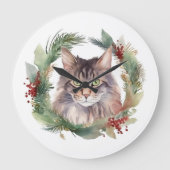 Maine Coon Cat Weihnachtsschreath Festive Kitten Große Wanduhr (Vorderseite)