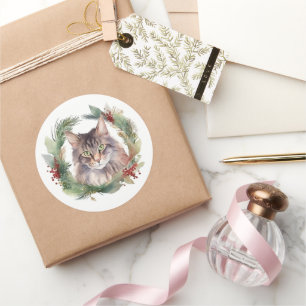Maine Coon Cat Weihnachtsschreath Festive Kitten Runder Aufkleber